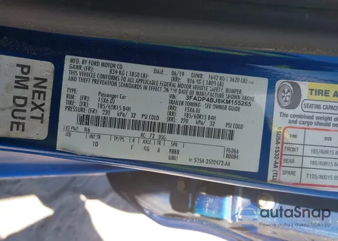 2019 Ford Fiesta Se z USA, uszkodzony, nr VIN 3FADP4BJ8KM155265